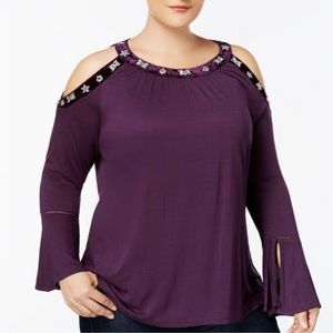 INC Purple Cold Shoulder Velvet Rhinestone Embellished Bell Long Sleeve Blouse S